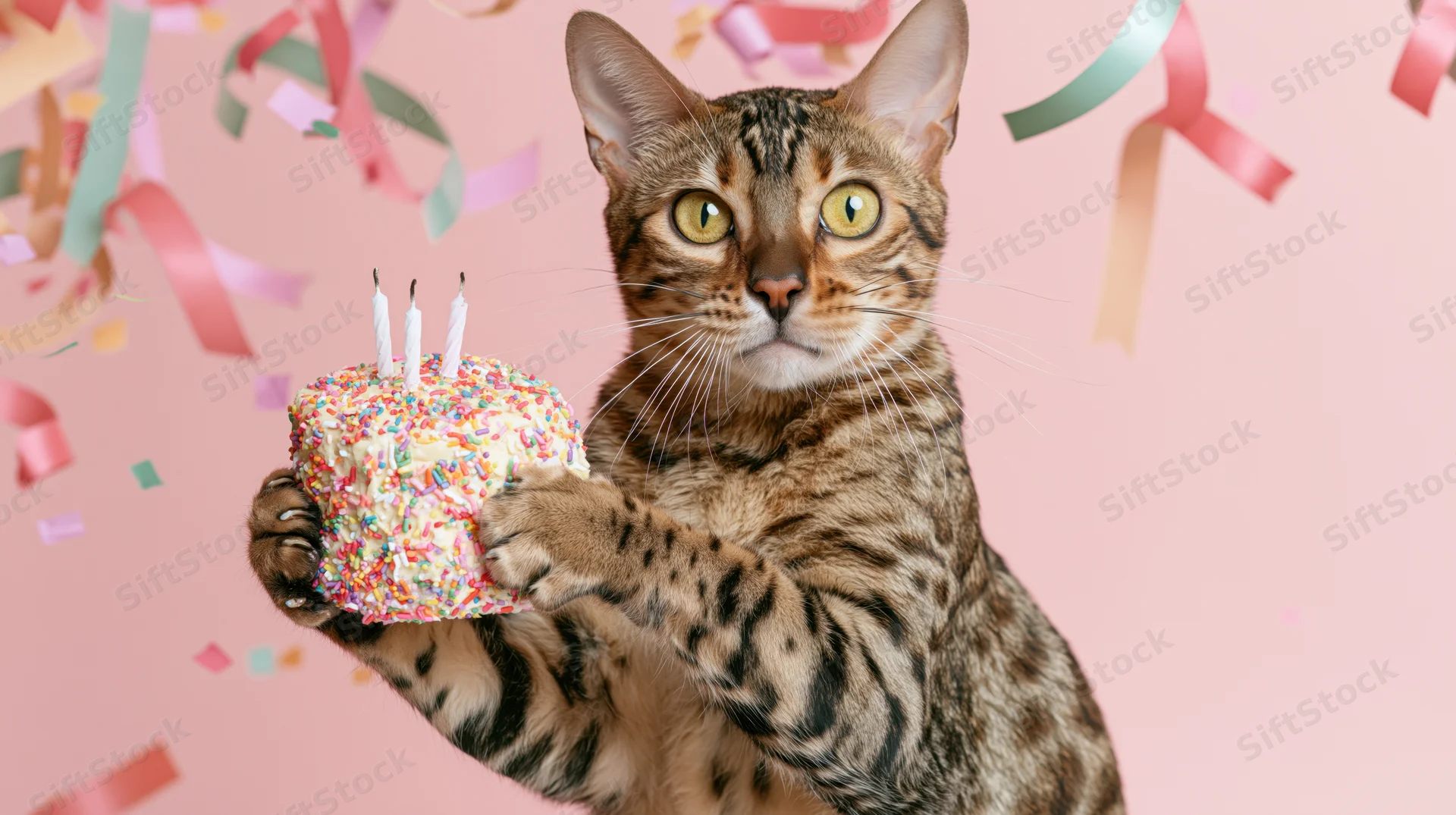 Bengal cat holding a small decorated birthday cake with candles against a pink background with falling confetti and ribbons