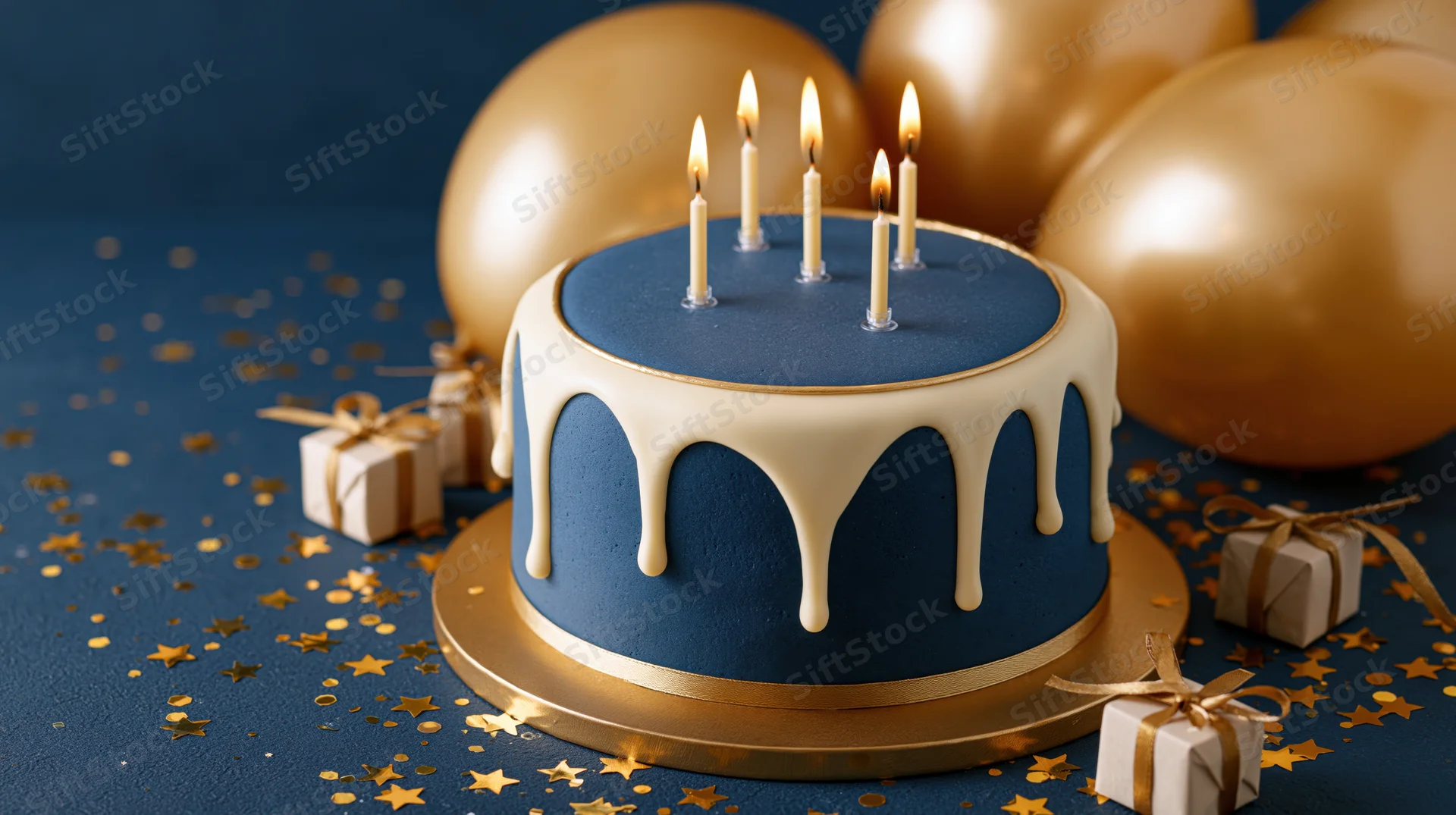 Blue birthday cake with white drip frosting and lit candles on gold cake board surrounded by gold balloons and gift boxes on a blue surface with star confetti
