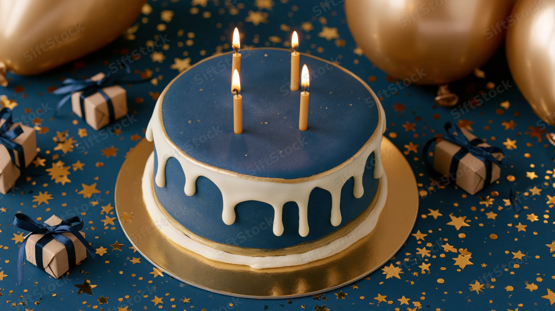 Blue birthday cake with lit candles and gold drip frosting on a decorated table with gifts and balloons