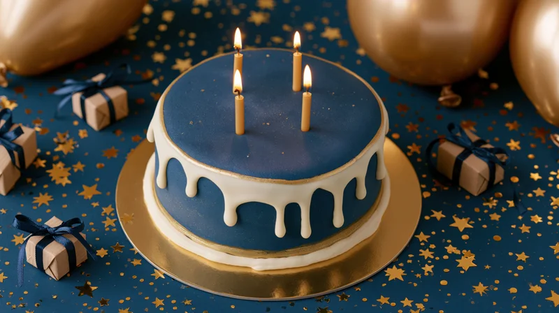 Blue birthday cake with lit candles and gold drip frosting on a decorated table with gifts and balloons