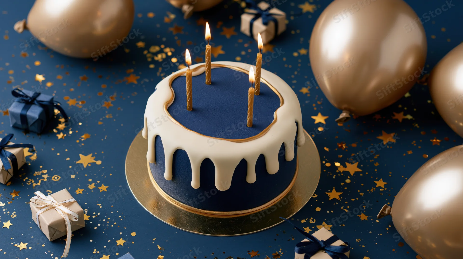 Birthday cake with four lit candles on a gold cake board surrounded by balloons and gifts on a blue starry surface