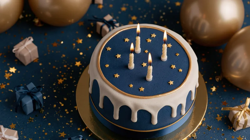 Blue birthday cake with four lit candles and gold stars on a cake board surrounded by gifts and balloons