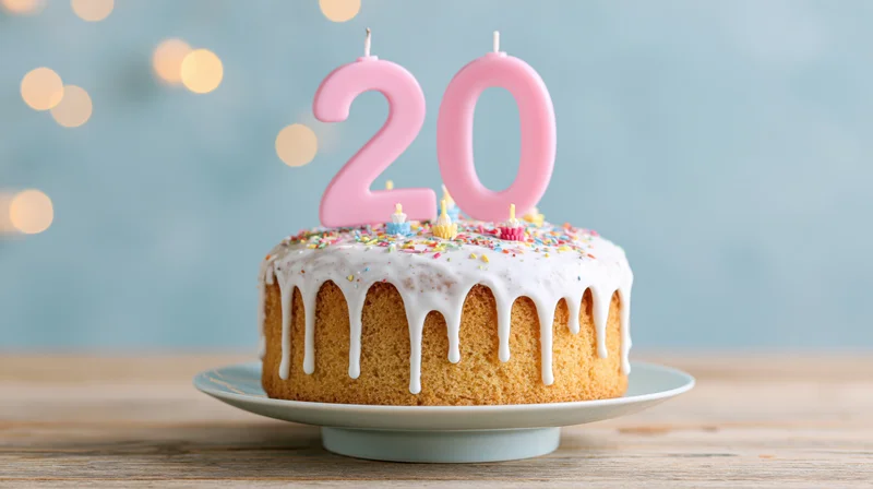 Birthday cake with pink number 20 candles and white frosting on a wooden table