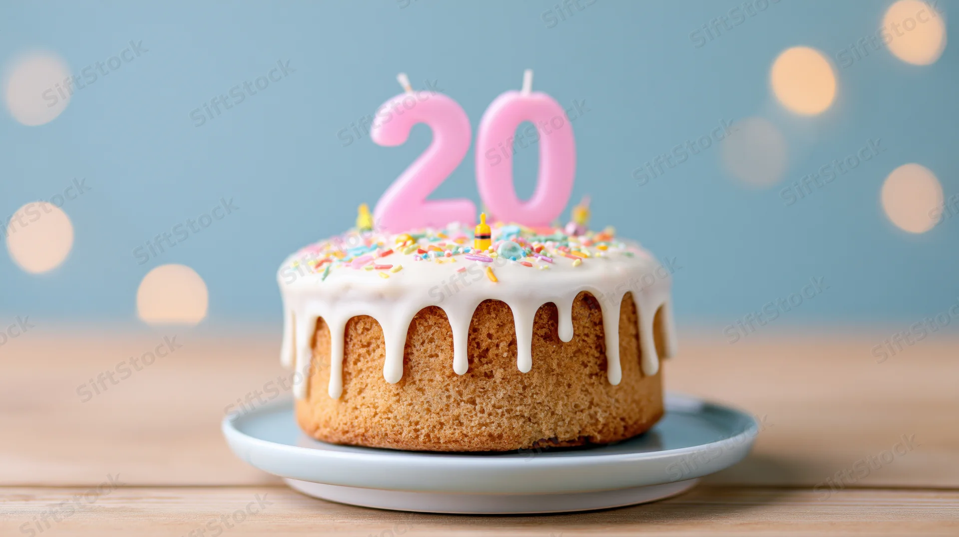 Birthday cake with pink number 20 candles and sprinkles on a plate on a wooden table
