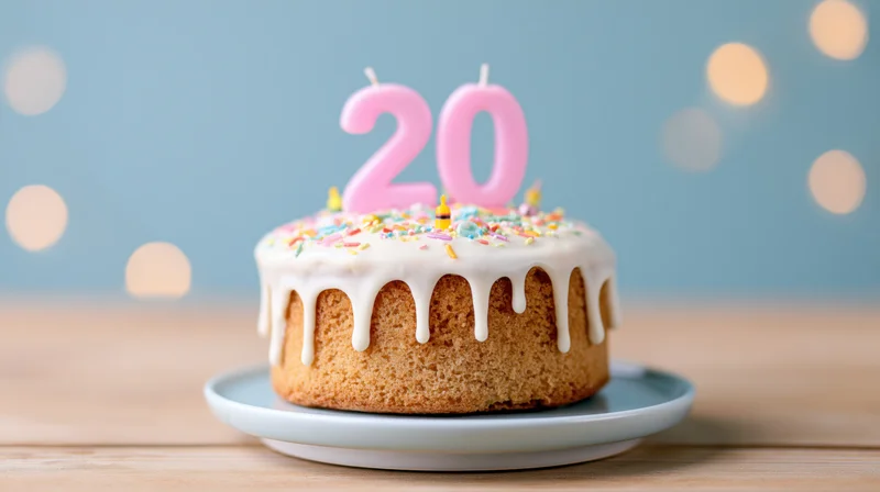 Birthday cake with pink number 20 candles and sprinkles on a plate on a wooden table