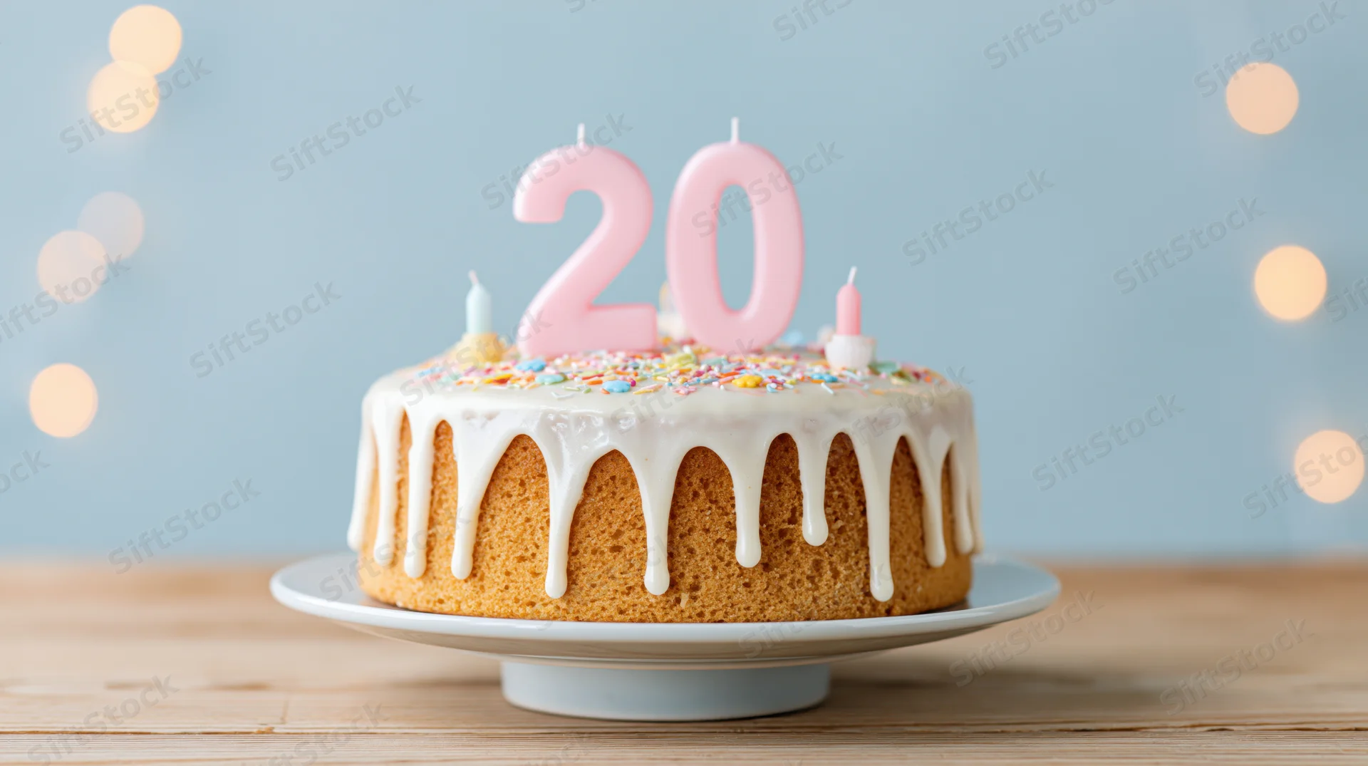 Birthday cake with pink number 20 candles and white icing drip on a cake stand on wooden table