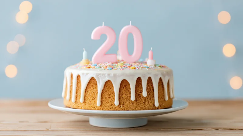 Birthday cake with pink number 20 candles and white icing drip on a cake stand on wooden table