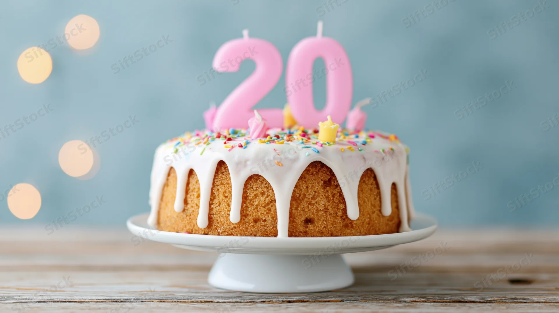 Birthday cake with pink number 20 candles and white frosting on a cake stand on wooden table