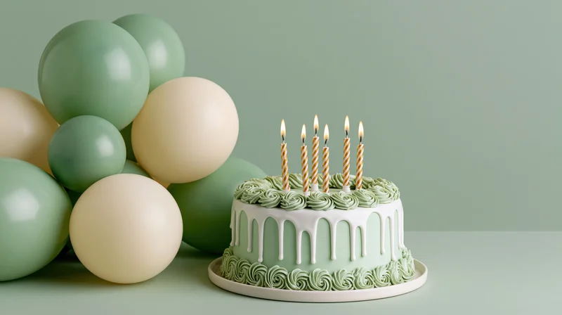 Birthday cake with lit striped candles and green frosting drip on a plate beside balloons on a light green surface