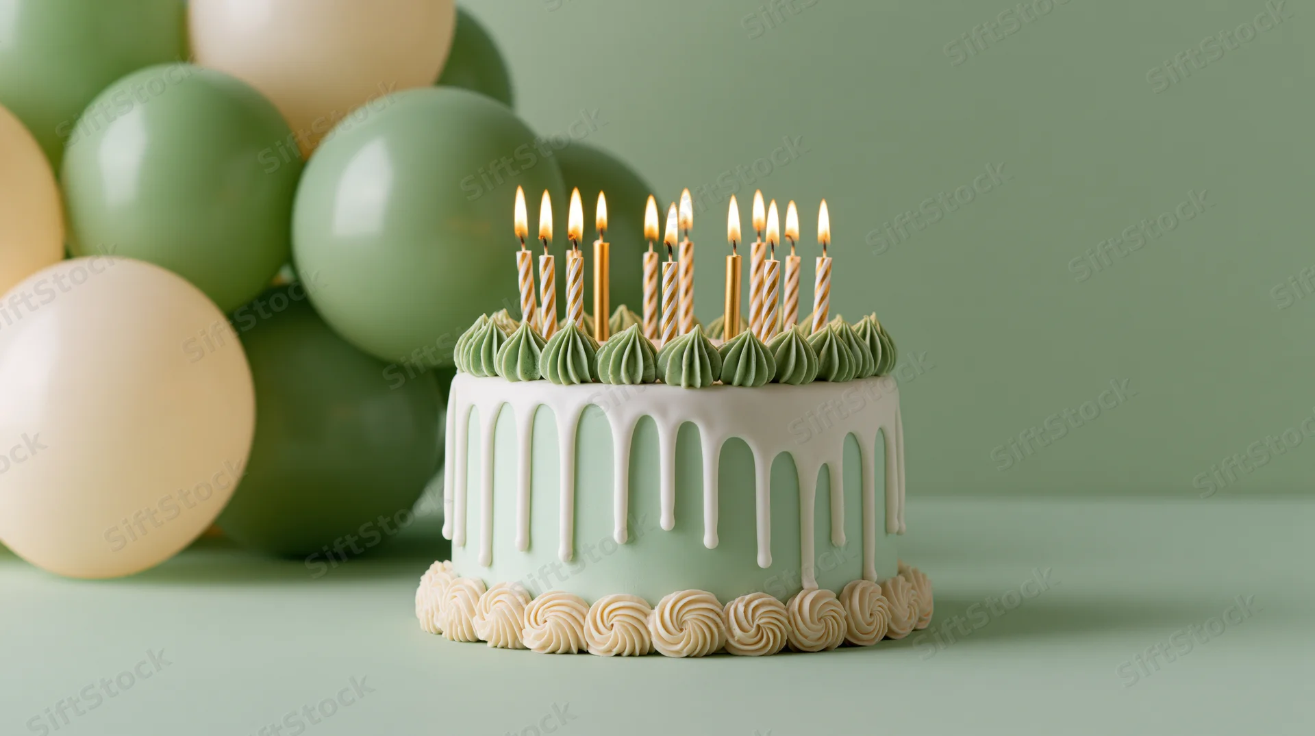 Birthday cake with lit striped candles and green frosting drip on a mint background with balloons