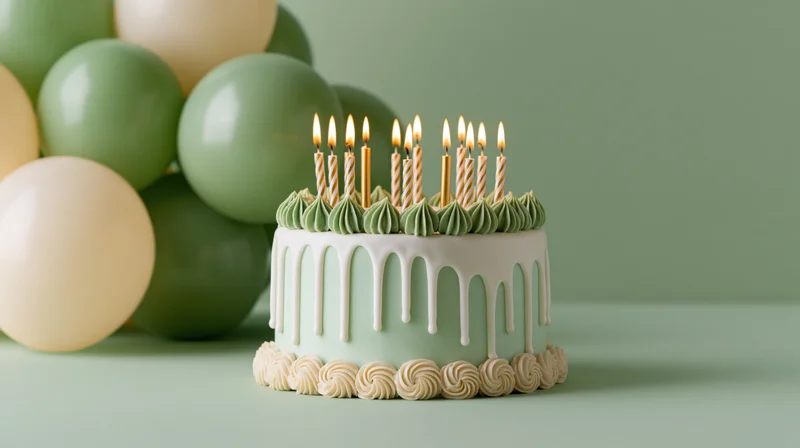 Birthday cake with lit striped candles and green frosting drip on a mint background with balloons