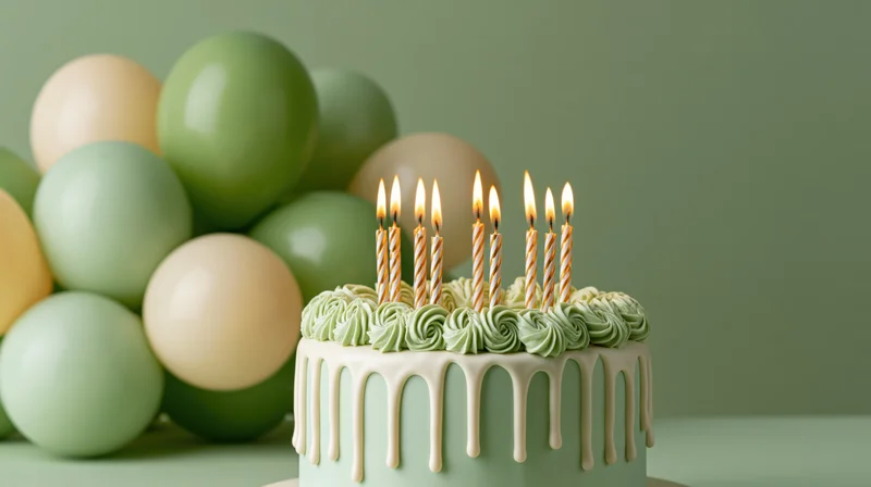Birthday cake with lit striped candles and green frosting drip on a table with balloons in the background