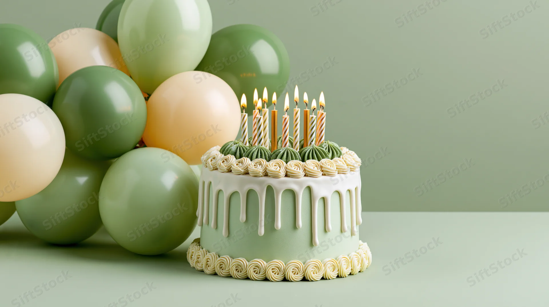 Birthday cake with lit striped candles and green frosting drip beside balloons on a pastel green surface