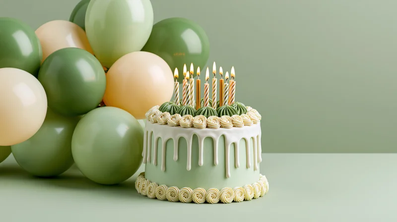 Birthday cake with lit striped candles and green frosting drip beside balloons on a pastel green surface