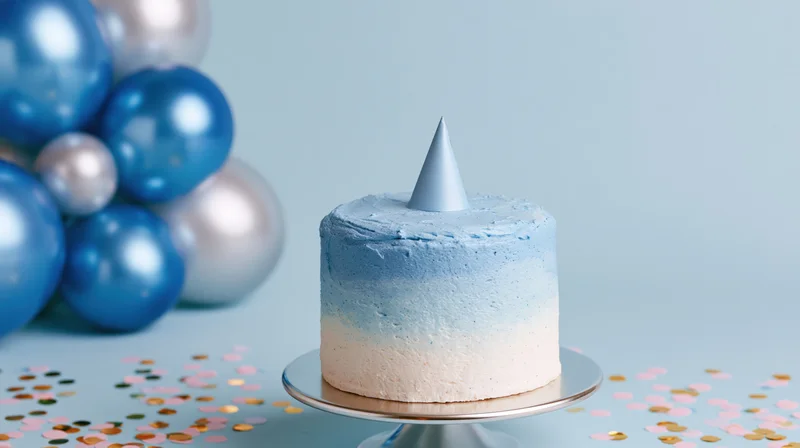 Ombre blue-white frosted cake with cone topper on cakestand surrounded by balloons and confetti