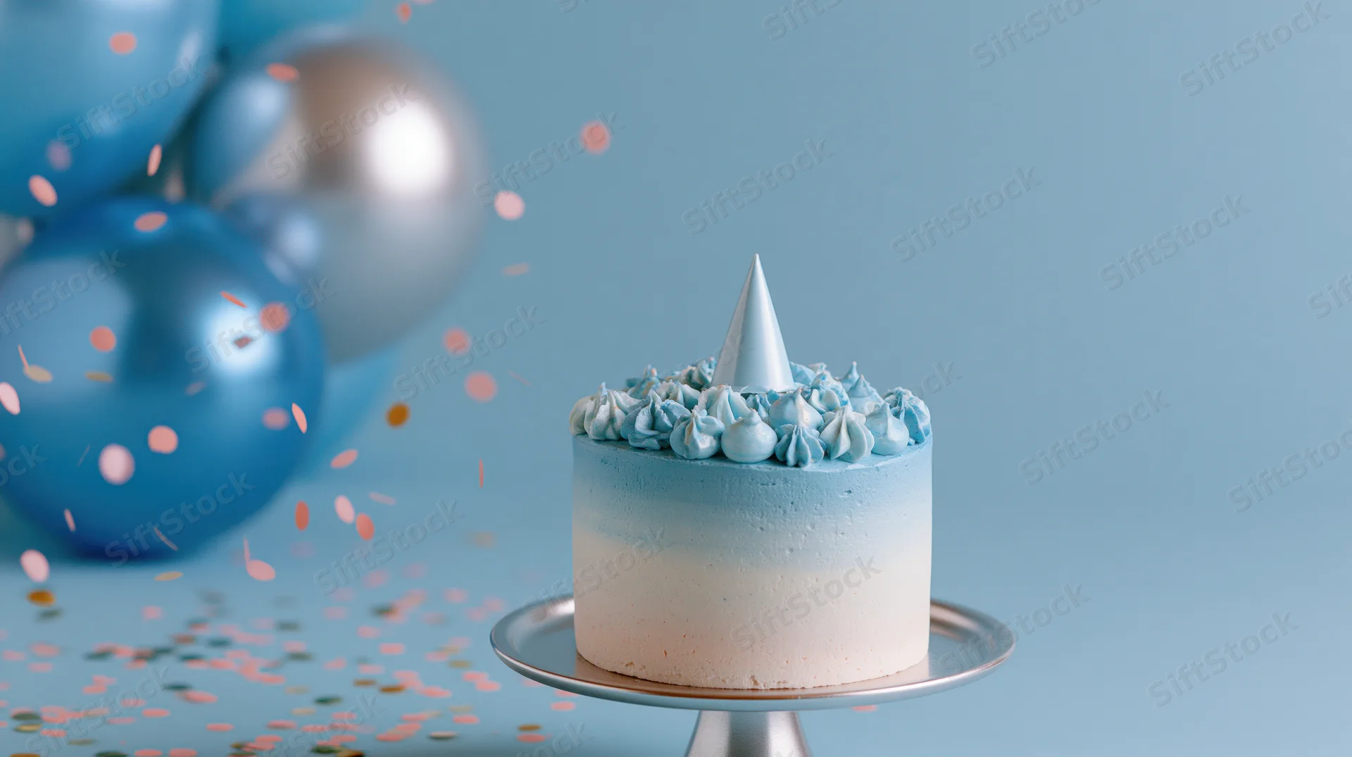 Ombre blue-white frosted cake with cone topper on cakestand, surrounded by balloons and confetti against blue background