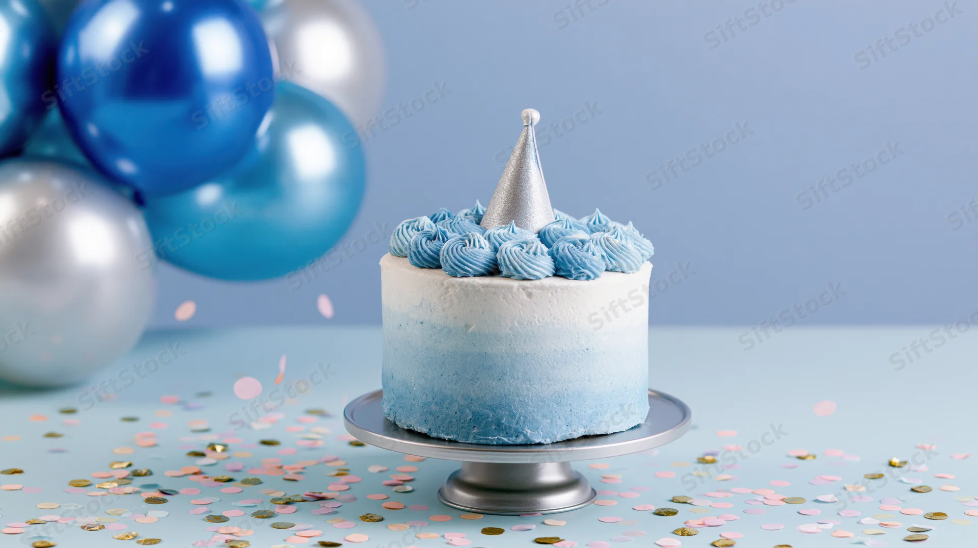 Ombre blue-white frosted birthday cake with silver party hat on cake stand surrounded by balloons and confetti