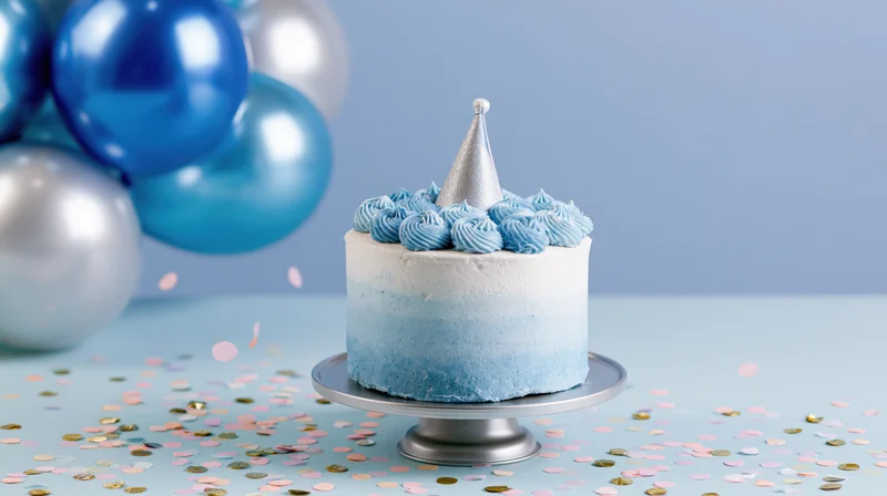 Ombre blue-white frosted birthday cake with silver party hat on cake stand surrounded by balloons and confetti