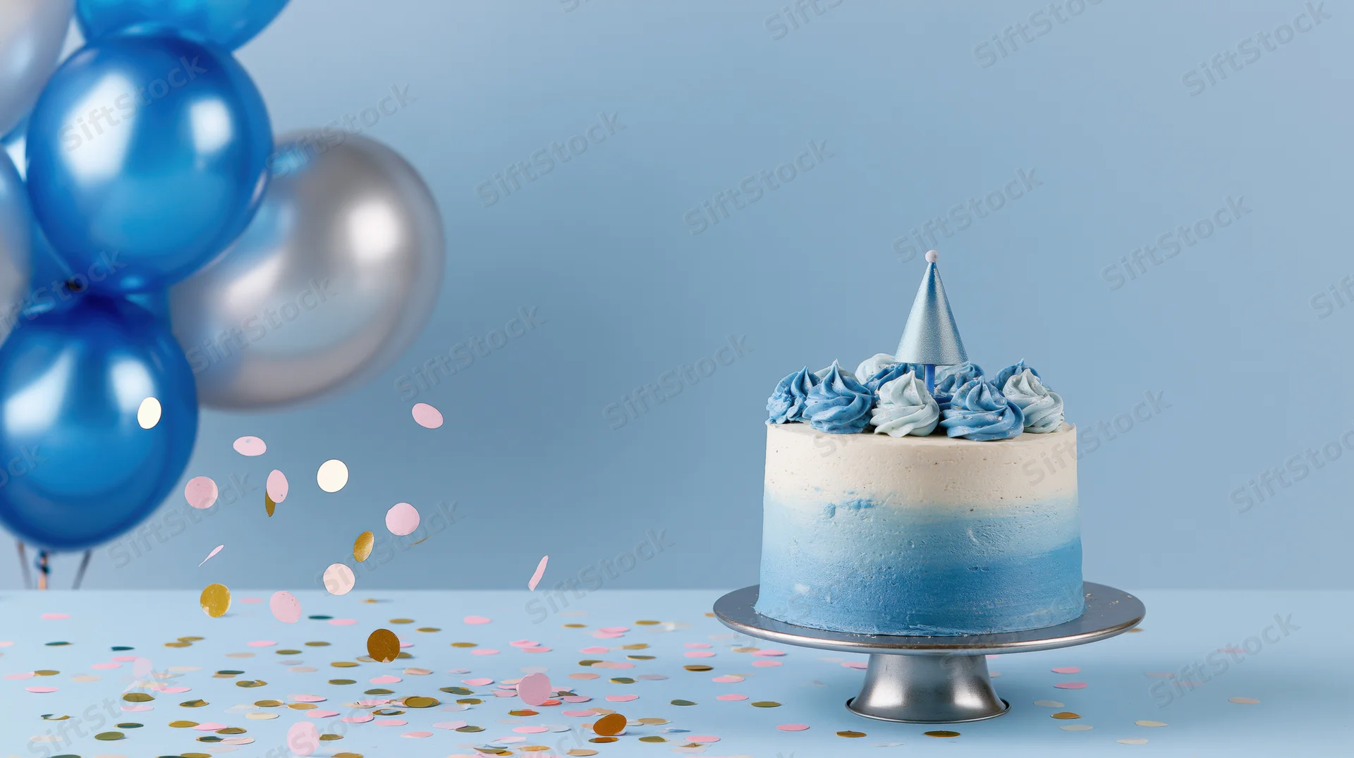 Birthday cake with ombre blue-white frosting and partyhat on cakestand, surrounded by balloons and confetti on light blue surface
