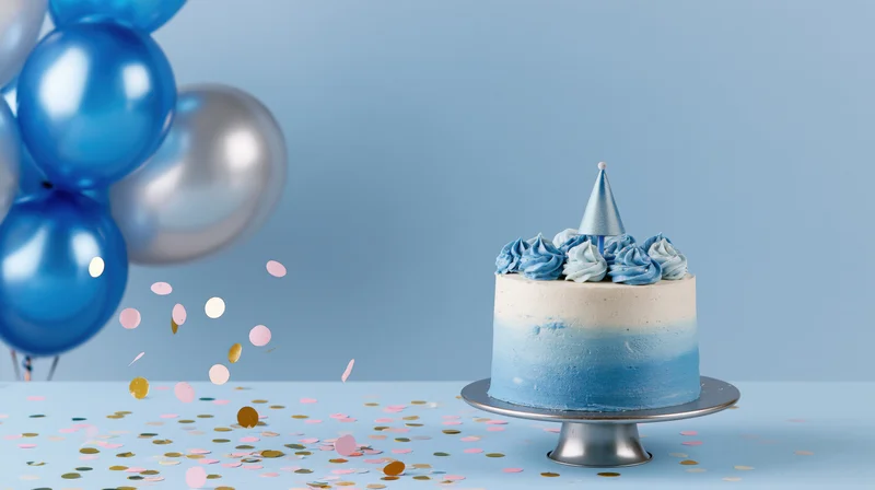 Birthday cake with ombre blue-white frosting and partyhat on cakestand, surrounded by balloons and confetti on light blue surface