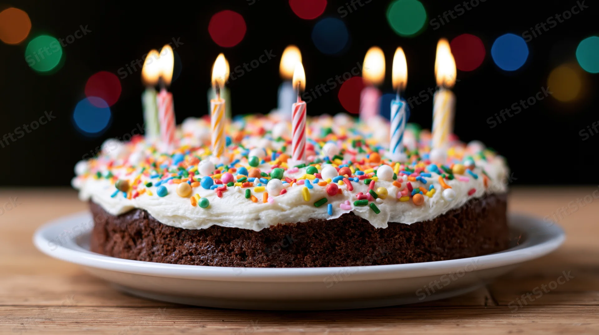 Chocolate birthday cake with lit striped candles and colorful sprinkles on a white plate on wooden table