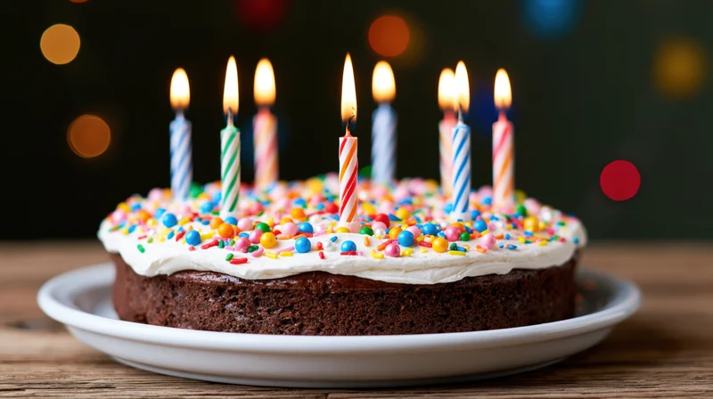 Chocolate birthday cake with lit striped candles and colorful sprinkles on a white plate on wooden table