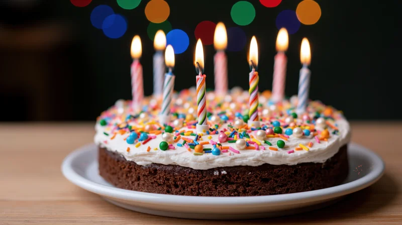 Birthday cake with seven lit striped and twisted candles