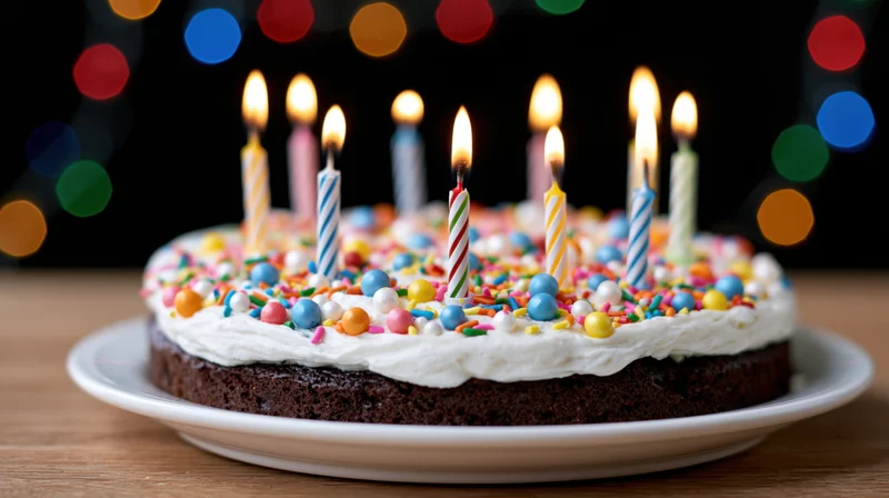 Chocolate birthday cake with lit striped candles and colorful sprinkles on a white plate