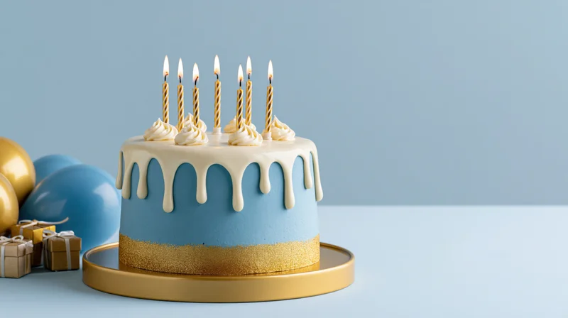 Blue and gold birthday cake with lit candles on a plate, surrounded by balloons and gifts on a light blue surface