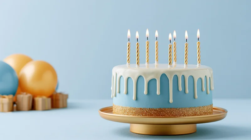 Blue birthday cake with gold-striped lit candles on a stand, surrounded by balloons and gifts