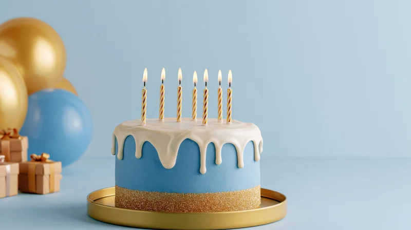 Blue and gold birthday cake with six lit striped candles on a tray, surrounded by balloons and gifts against a light blue background