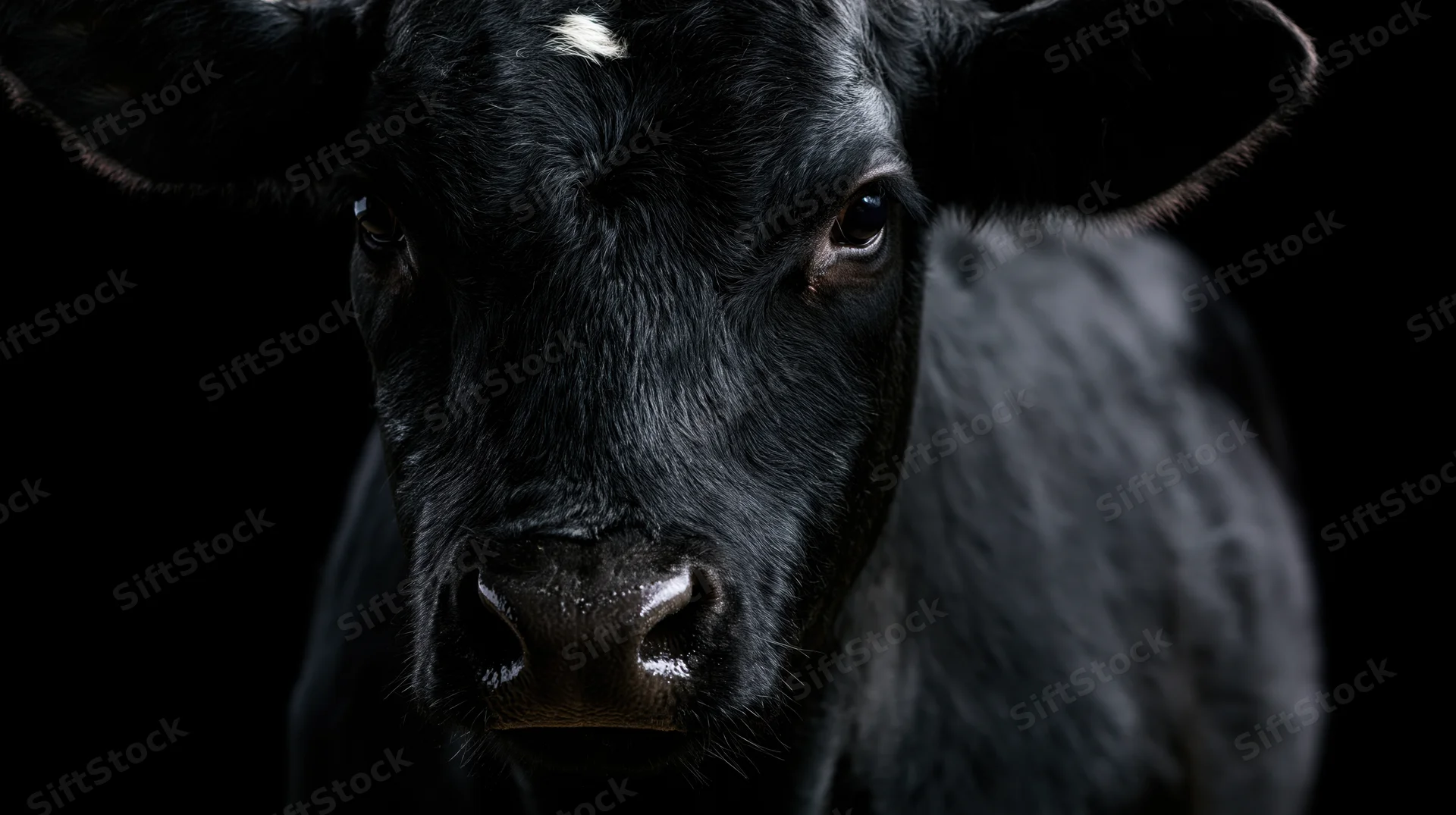 Black angus cow facing forward in close-up studio portrait against dark background