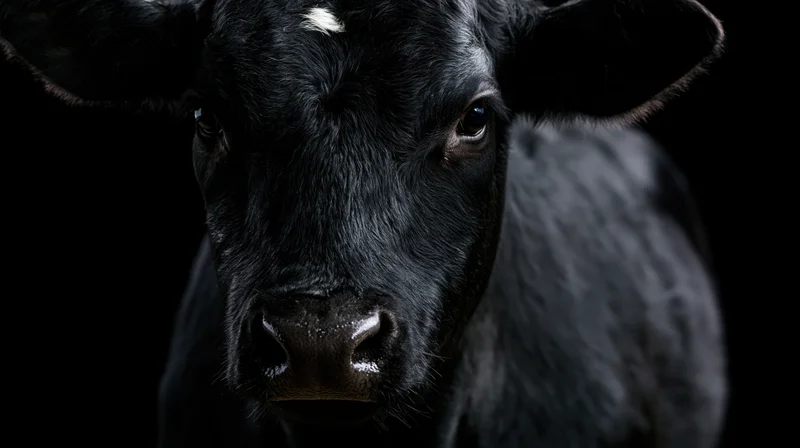 Black angus cow facing forward in close-up studio portrait against dark background