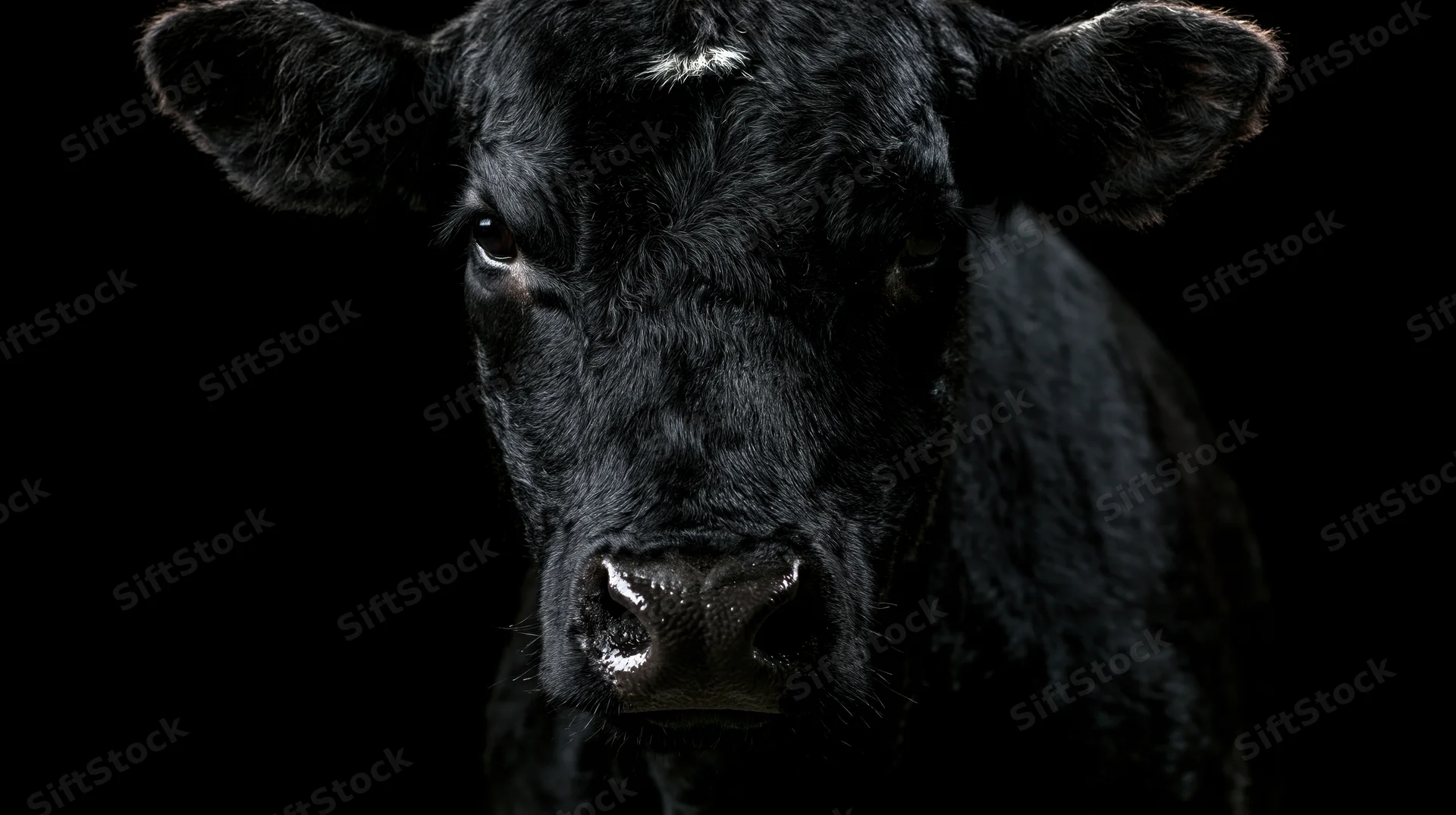 Black angus cow facing forward in close-up portrait against dark background