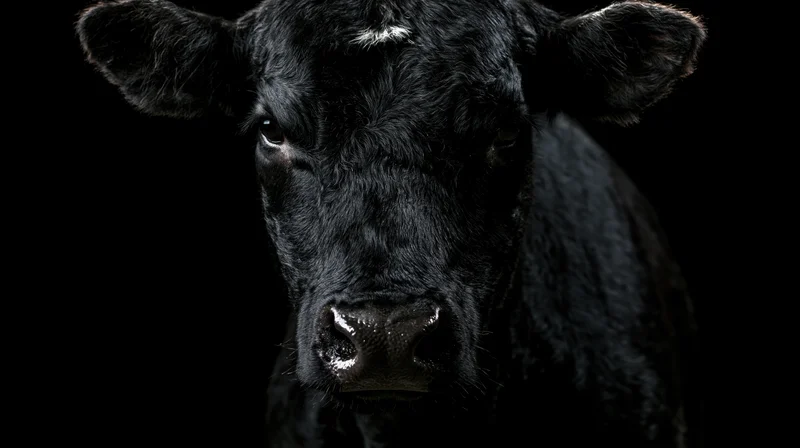 Black angus cow facing forward in close-up portrait against dark background