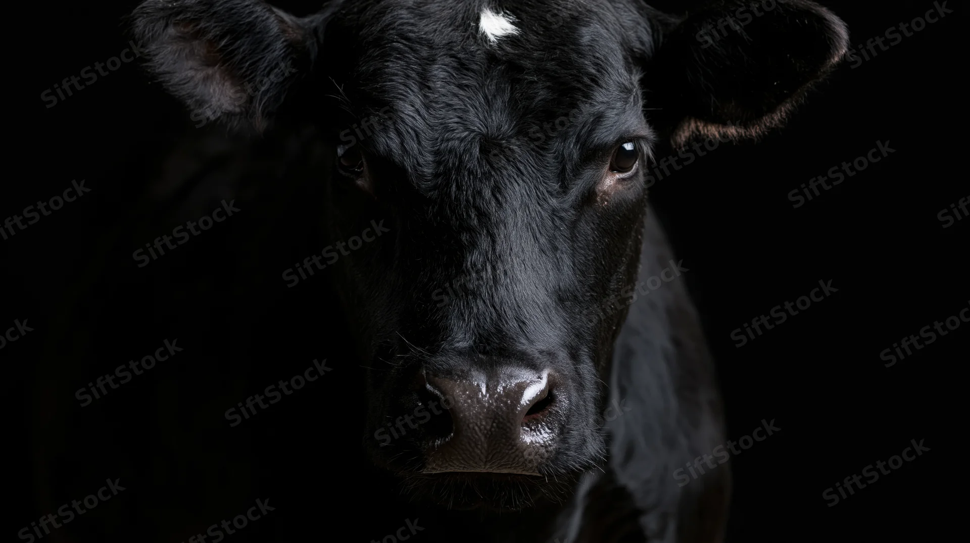 Black angus cow facing forward in close-up portrait against dark background