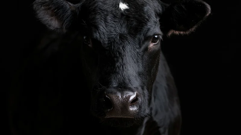 Black angus cow facing forward in close-up portrait against dark background