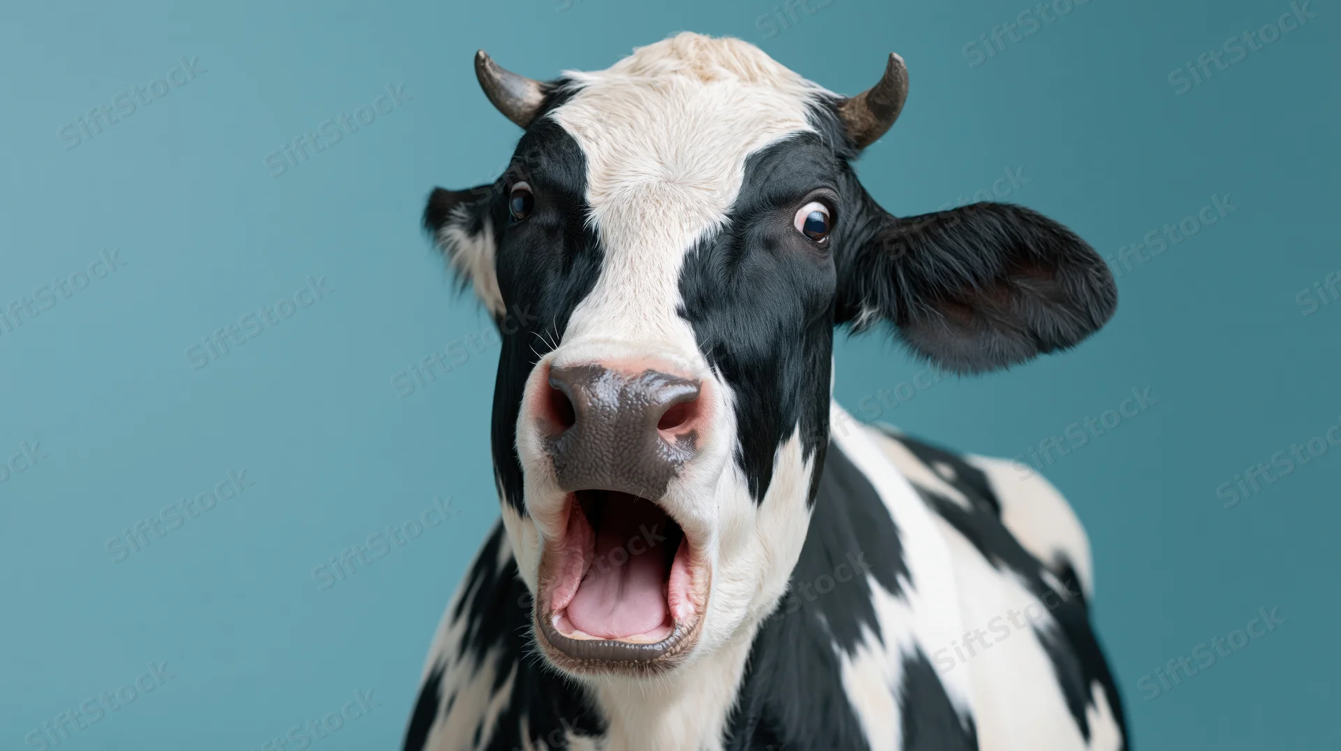 Black and white holstein cow with open mouth facing camera against teal background