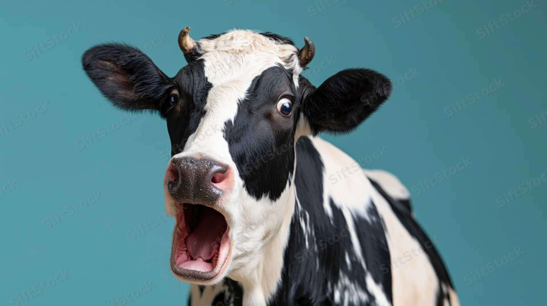 Black and white holstein cow with open mouth facing camera against teal background