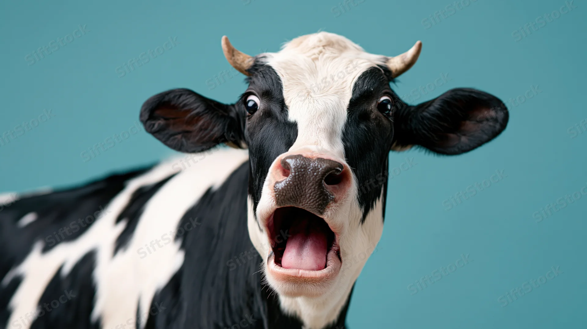 Black and white holstein cow with open mouth facing camera against teal background