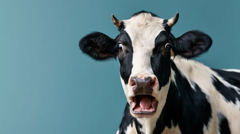 Black and white holstein cow with open mouth facing camera against teal background