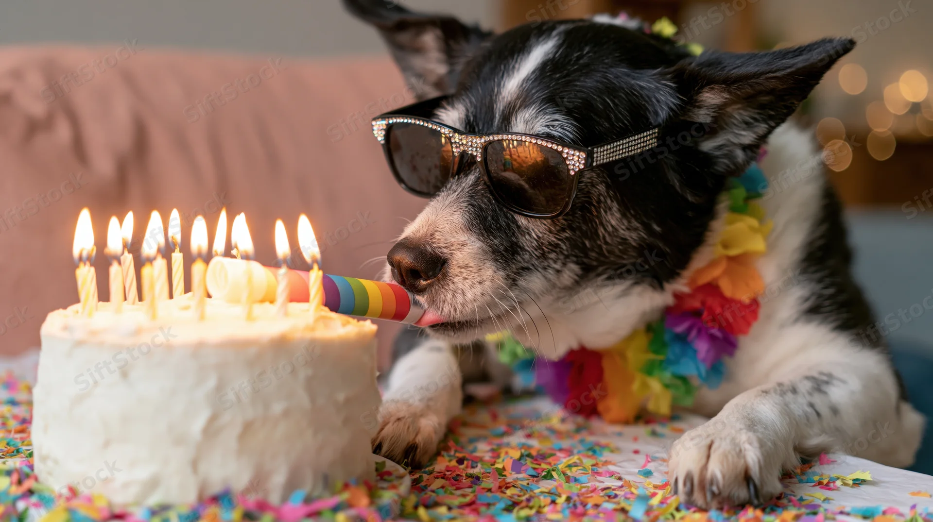 Black and white mixed-breed dog wearing rhinestone sunglasses blowing out candles on a birthday cake at a decorated table
