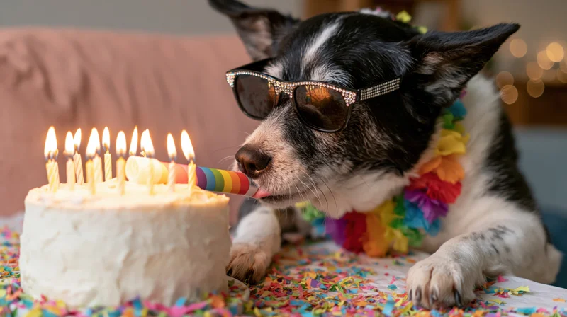 Black and white mixed-breed dog wearing rhinestone sunglasses blowing out candles on a birthday cake at a decorated table