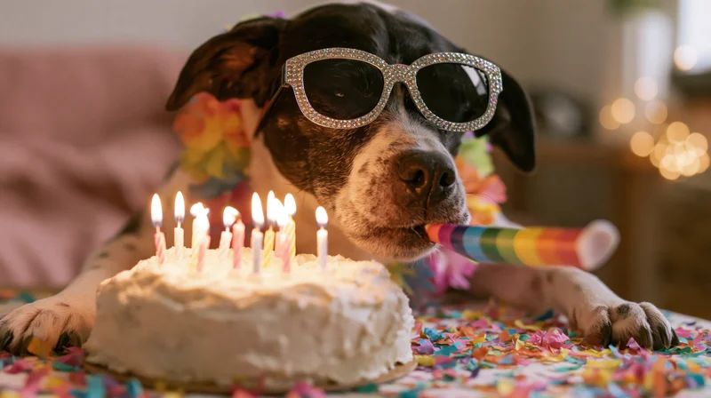 Black and white mixed-breed dog wearing rhinestone sunglasses blowing a party blower beside a birthday cake with lit candles on a confetti-covered table