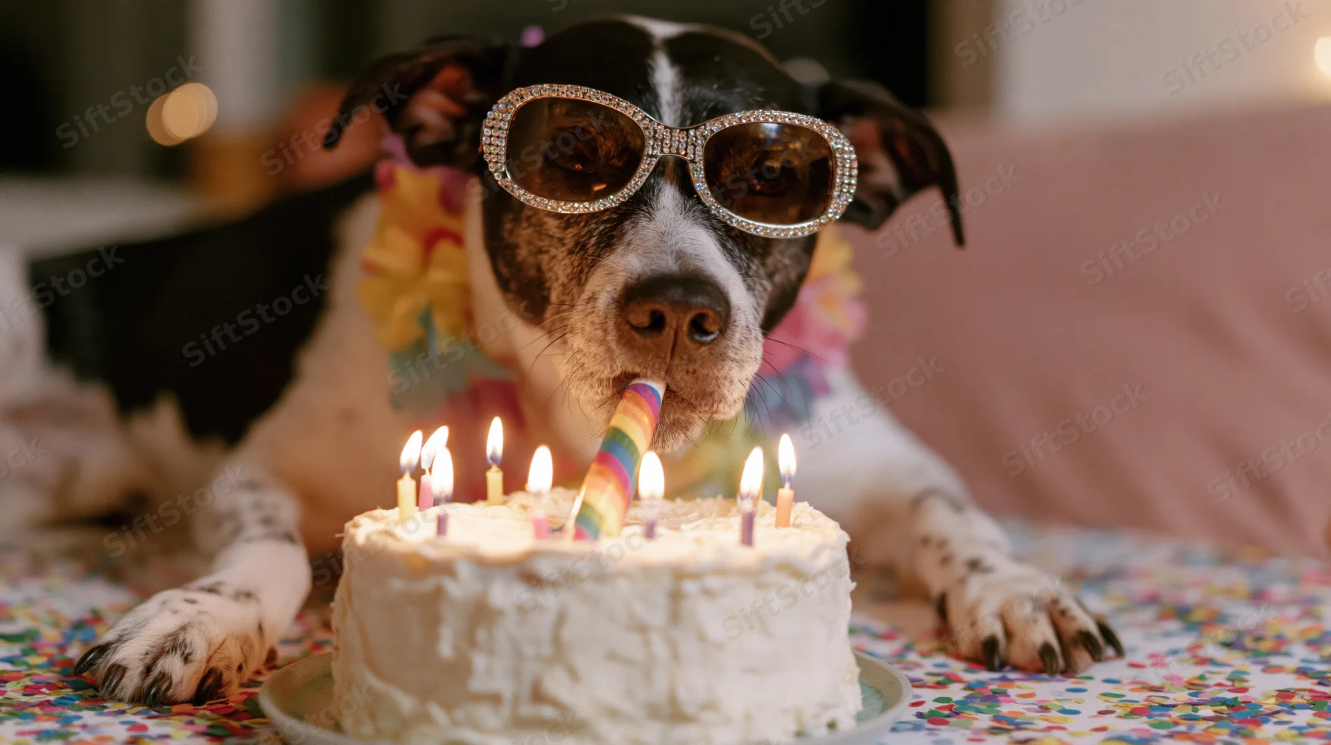 Black and white mixed-breed dog wearing rhinestone sunglasses blowing out candles on a birthday cake at a party table