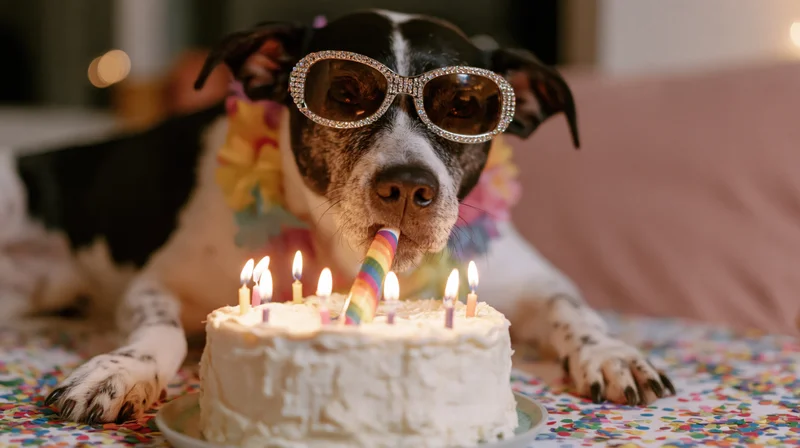 Black and white mixed-breed dog wearing rhinestone sunglasses blowing out candles on a birthday cake at a party table