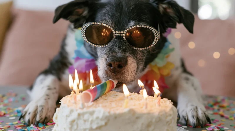 Black and white mixed-breed dog wearing rhinestone sunglasses and a floral lei, blowing out candles on a birthday cake at home