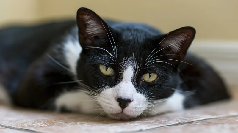 Black and white tuxedo cat lying flat on tiled floor with head resting on surface