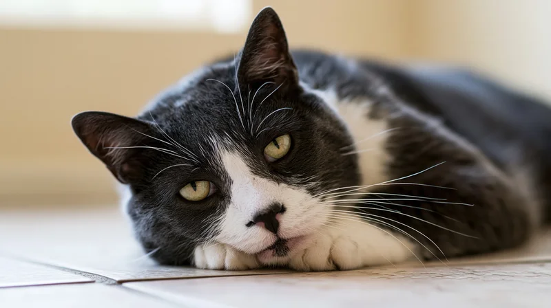 Tuxedo cat lying flat on tiled floor with head resting on paws