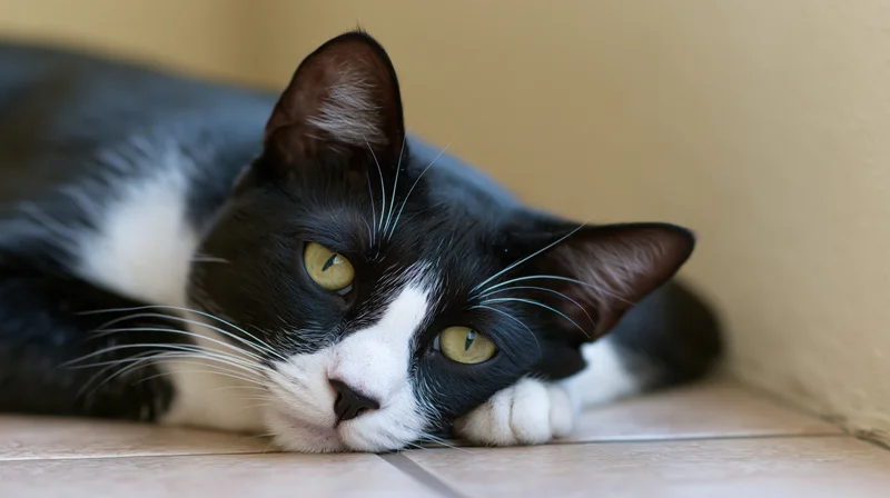 Black and white tuxedo cat lying flat on tiled floor with chin resting on tiles, eyes open and alert